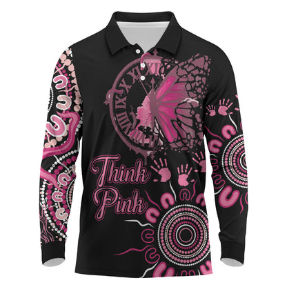 Personalised Aboriginal Pink Ribbons Long Sleeve Polo Shirt Think Pink Butterfly Art Wall Clock Breast Cancer Support