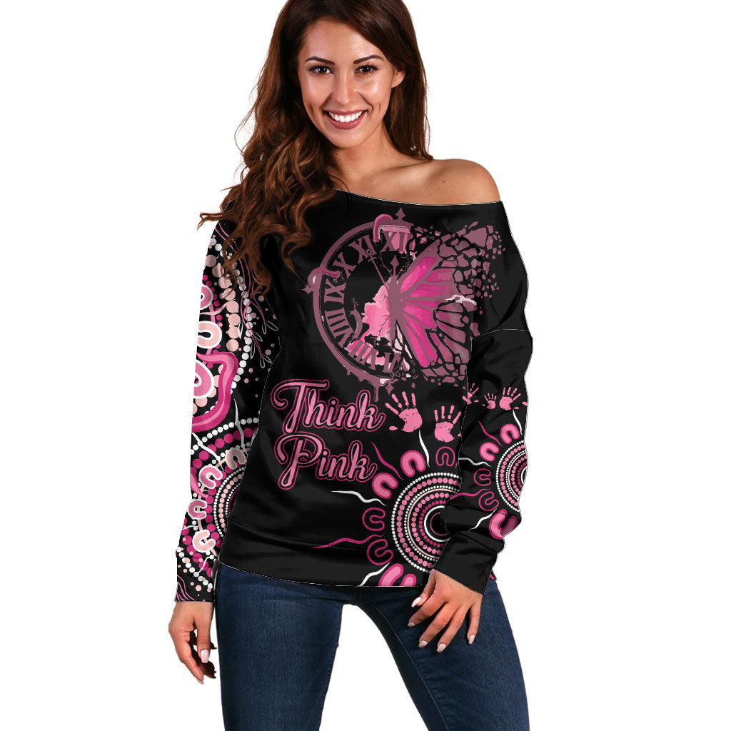 Personalised Aboriginal Pink Ribbons Off Shoulder Sweater Think Pink Butterfly Art Wall Clock Breast Cancer Support
