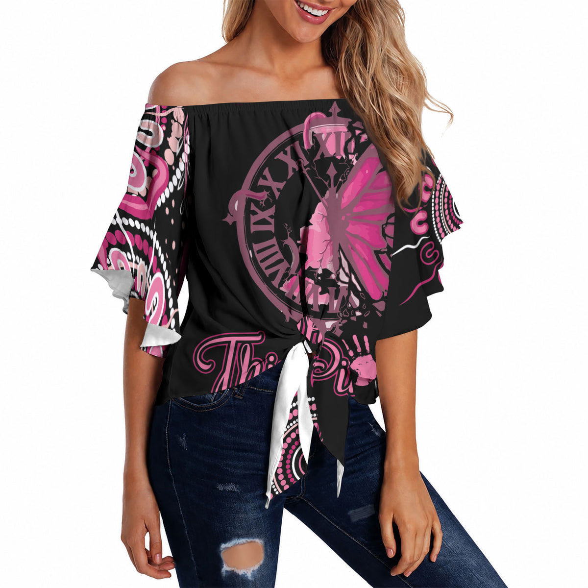 Personalised Aboriginal Pink Ribbons Off Shoulder Wrap Waist Top Think Pink Butterfly Art Wall Clock Breast Cancer Support