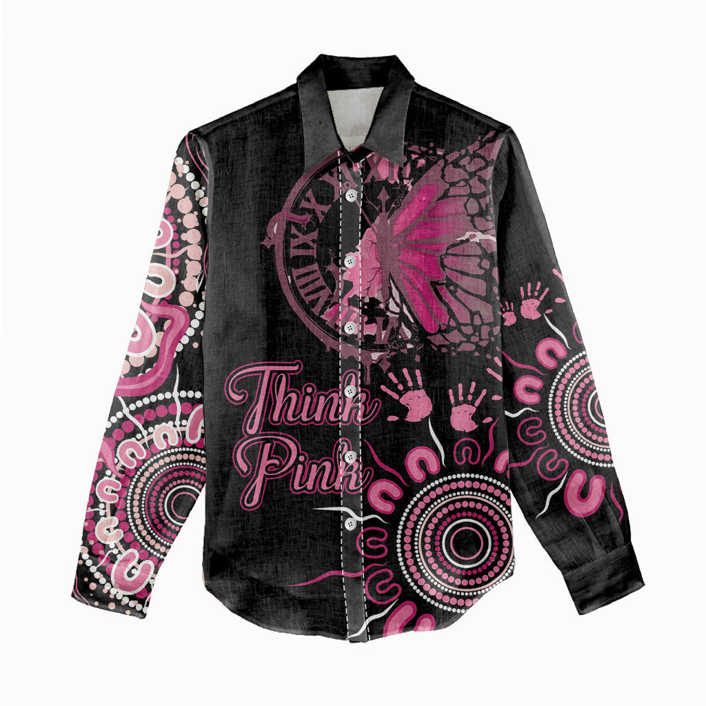 Personalised Aboriginal Pink Ribbons Women Casual Shirt Think Pink Butterfly Art Wall Clock Breast Cancer Support
