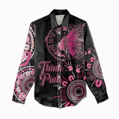 Personalised Aboriginal Pink Ribbons Women Casual Shirt Think Pink Butterfly Art Wall Clock Breast Cancer Support