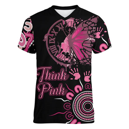 Personalised Aboriginal Pink Ribbons Women V-Neck T-Shirt Think Pink Butterfly Art Wall Clock Breast Cancer Support