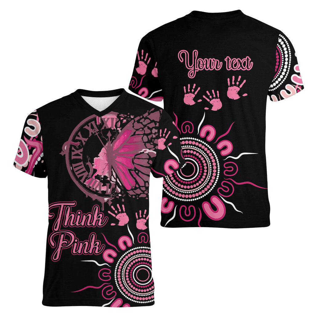 Personalised Aboriginal Pink Ribbons Women V-Neck T-Shirt Think Pink Butterfly Art Wall Clock Breast Cancer Support