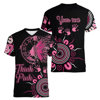 Personalised Aboriginal Pink Ribbons Women V-Neck T-Shirt Think Pink Butterfly Art Wall Clock Breast Cancer Support