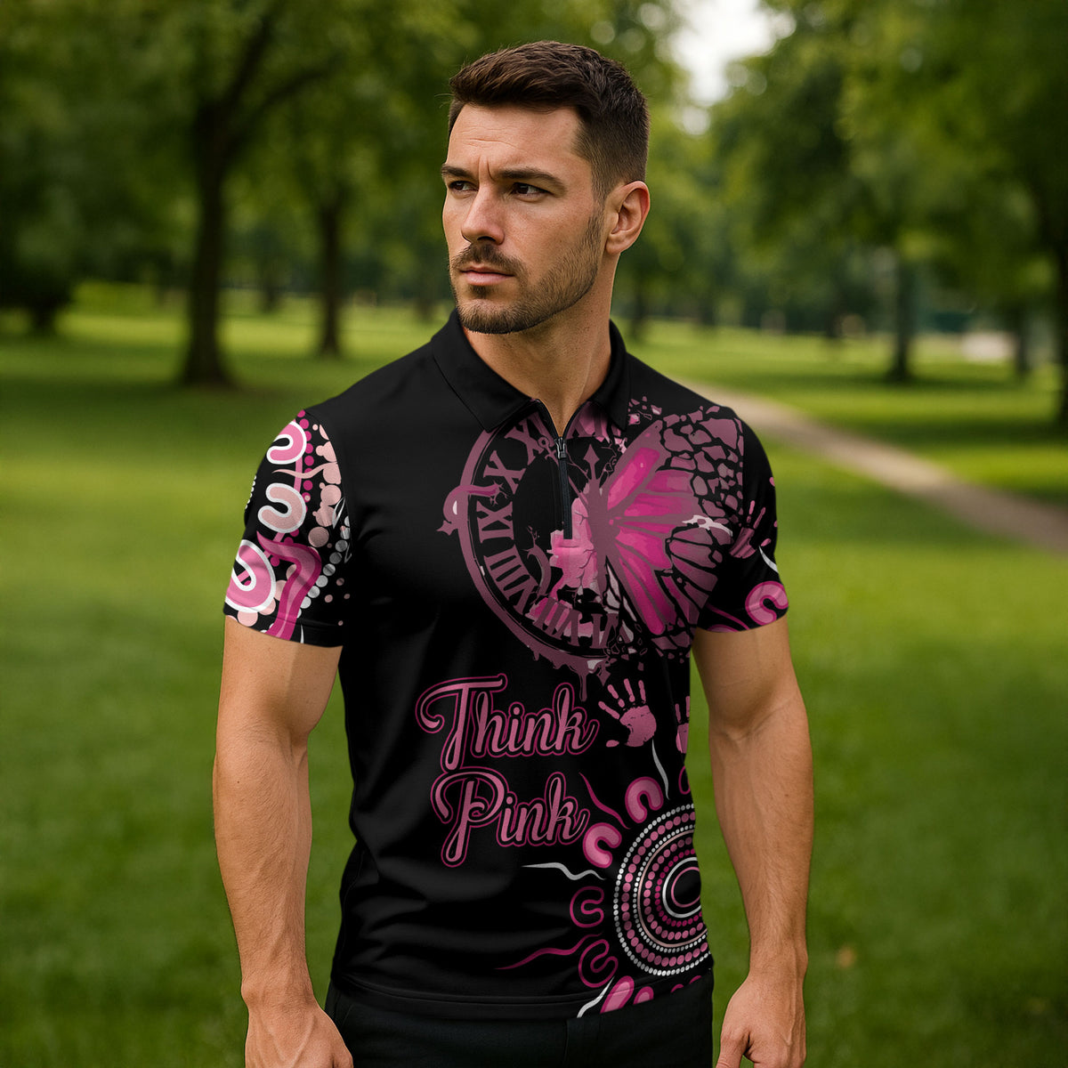 Personalised Aboriginal Pink Ribbons Zipper Polo Shirt Think Pink Butterfly Art Wall Clock Breast Cancer Support