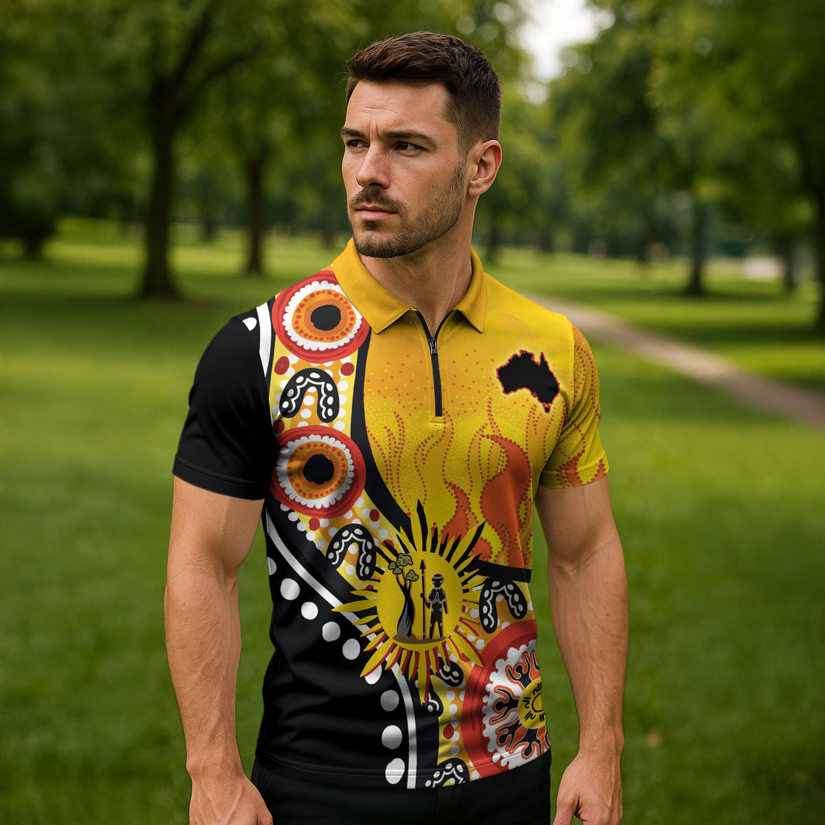Australia Bushfire Aboriginal Personalised Zipper Polo Shirt Bush Fire Dreaming