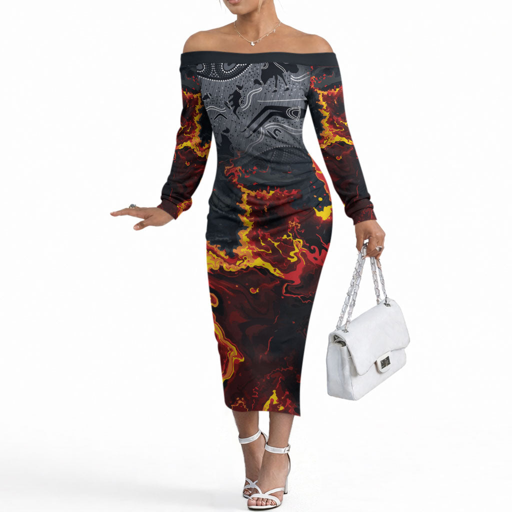 Australia Bushfire Aboriginal Personalised Off The Shoulder Long Sleeve Dress Fire Dreaming Healing Country