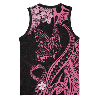 Polynesian Floral Butterfly Basketball Jersey Breast Cancer Support Pink Ribbon