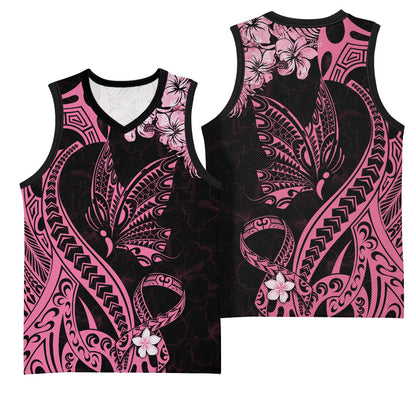 Polynesian Floral Butterfly Basketball Jersey Breast Cancer Support Pink Ribbon