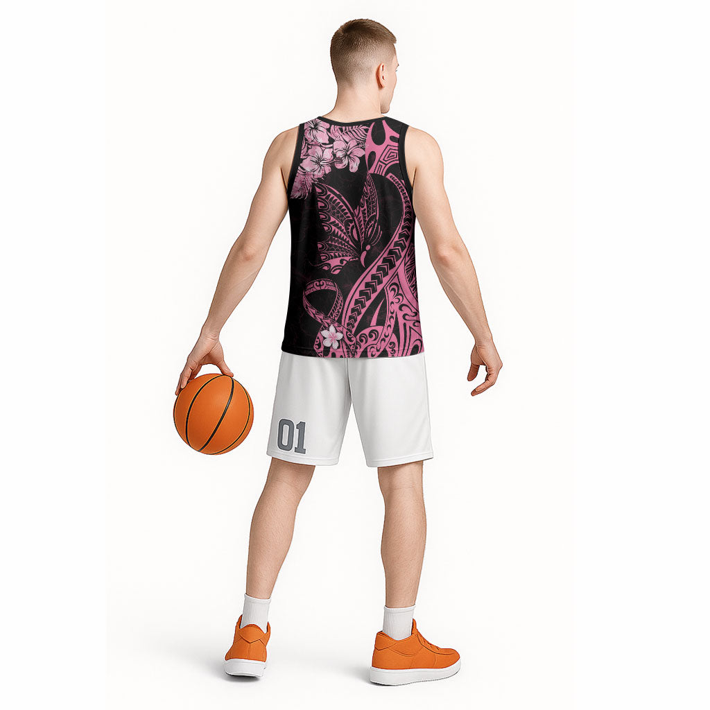 Polynesian Floral Butterfly Basketball Jersey Breast Cancer Support Pink Ribbon