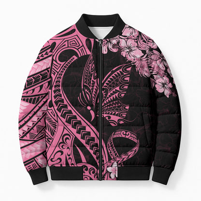 Polynesian Floral Butterfly Bomber Puffer Jacket Breast Cancer Support Pink Ribbon