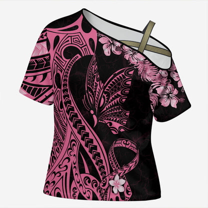 Polynesian Floral Butterfly Cross Shoulder Shirt Breast Cancer Support Pink Ribbon