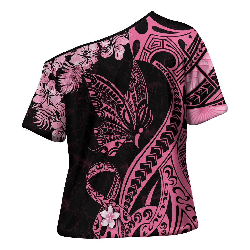 Polynesian Floral Butterfly Cross Shoulder Shirt Breast Cancer Support Pink Ribbon
