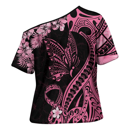 Polynesian Floral Butterfly Cross Shoulder Shirt Breast Cancer Support Pink Ribbon