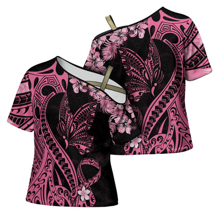 Polynesian Floral Butterfly Cross Shoulder Shirt Breast Cancer Support Pink Ribbon