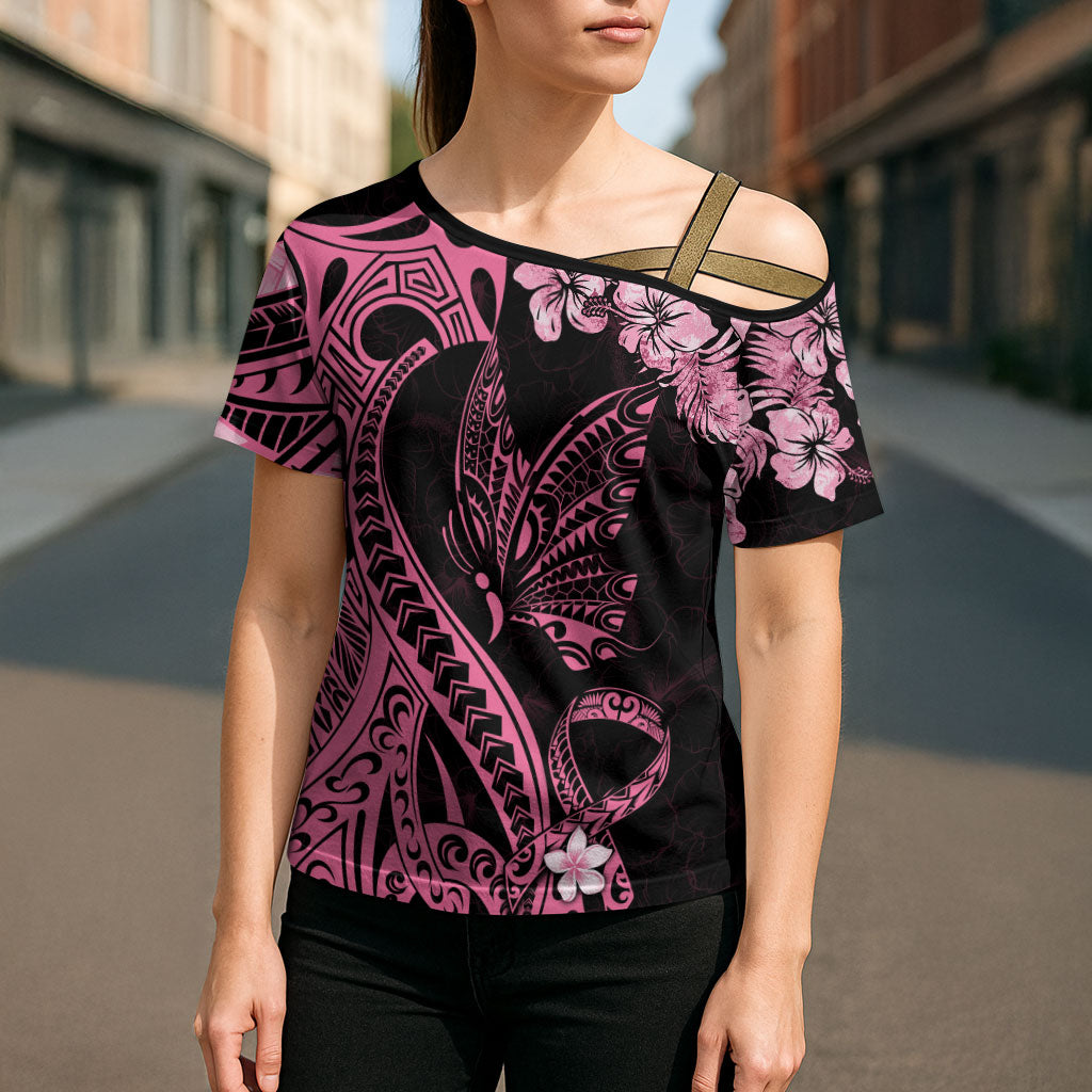 Polynesian Floral Butterfly Cross Shoulder Shirt Breast Cancer Support Pink Ribbon
