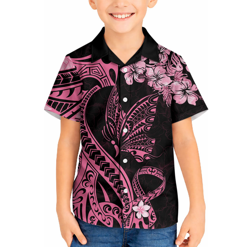 Polynesian Floral Butterfly Hawaiian Shirt Breast Cancer Support Pink Ribbon