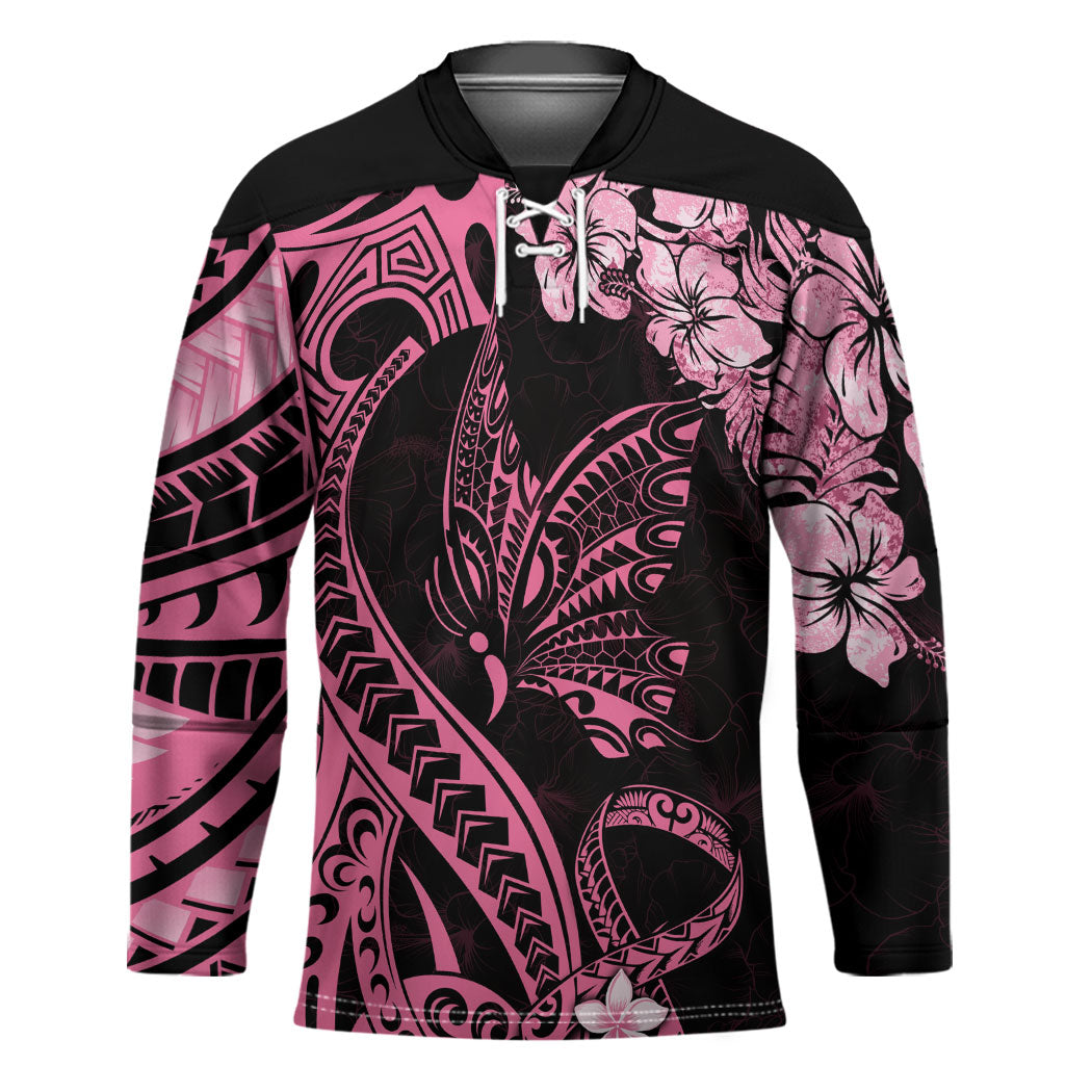 Polynesian Floral Butterfly Hockey Jersey Breast Cancer Support Pink Ribbon