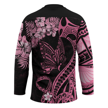 Polynesian Floral Butterfly Hockey Jersey Breast Cancer Support Pink Ribbon