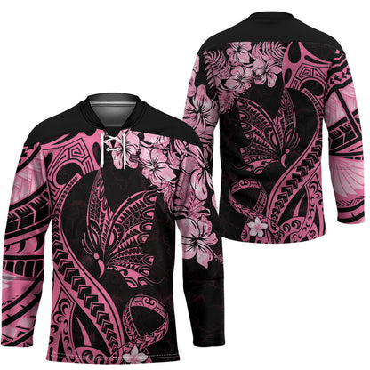 Polynesian Floral Butterfly Hockey Jersey Breast Cancer Support Pink Ribbon