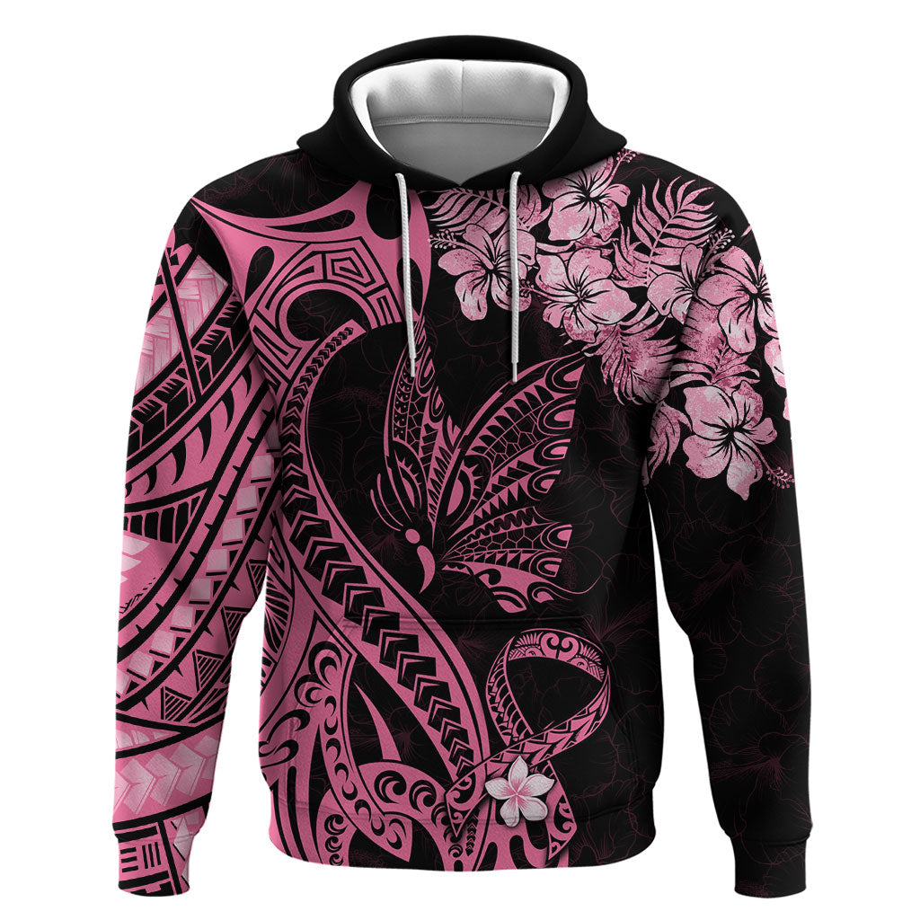 Polynesian Floral Butterfly Hoodie Breast Cancer Support Pink Ribbon
