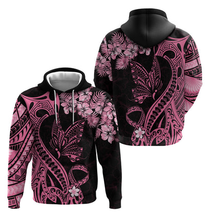 Polynesian Floral Butterfly Hoodie Breast Cancer Support Pink Ribbon