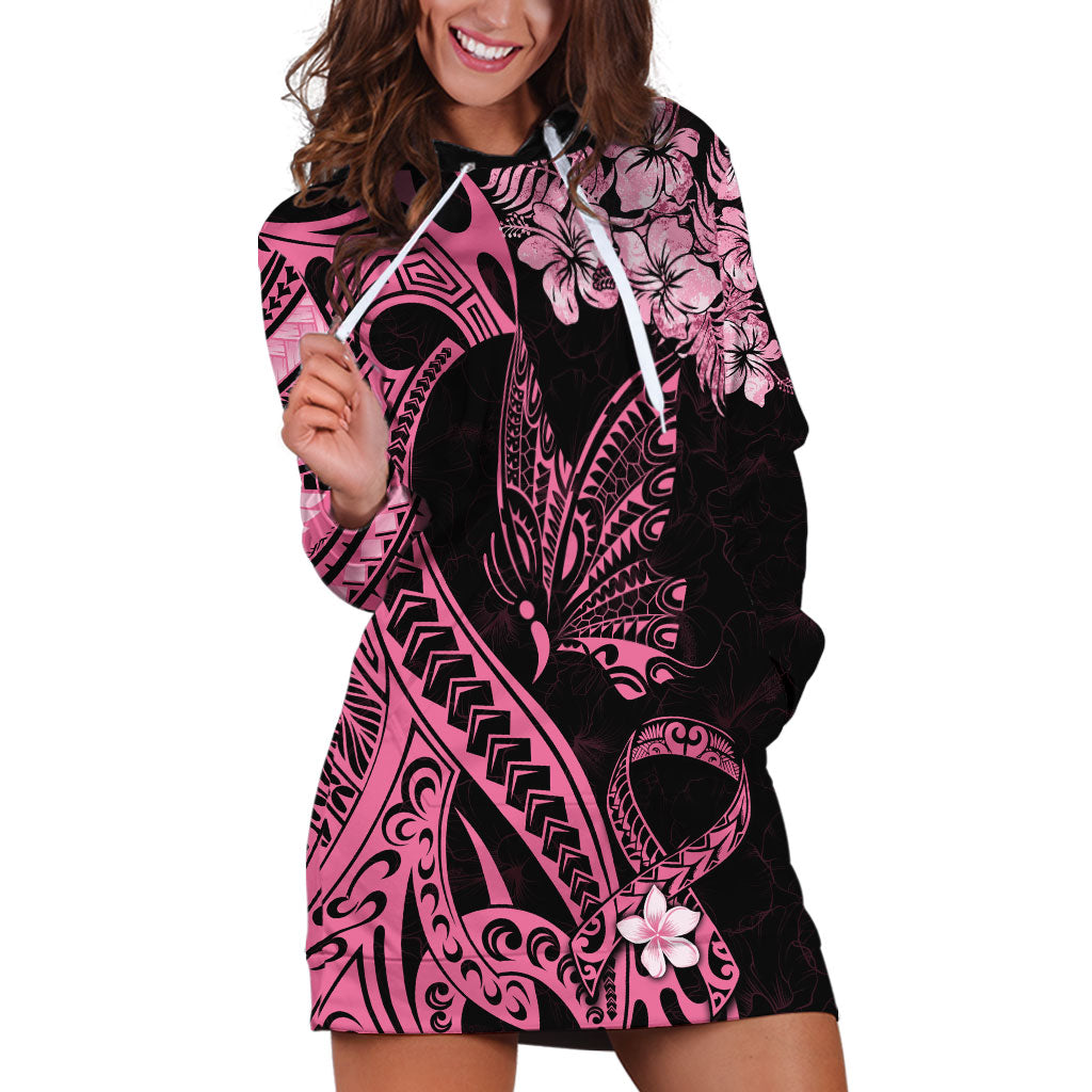 Polynesian Floral Butterfly Hoodie Dress Breast Cancer Support Pink Ribbon