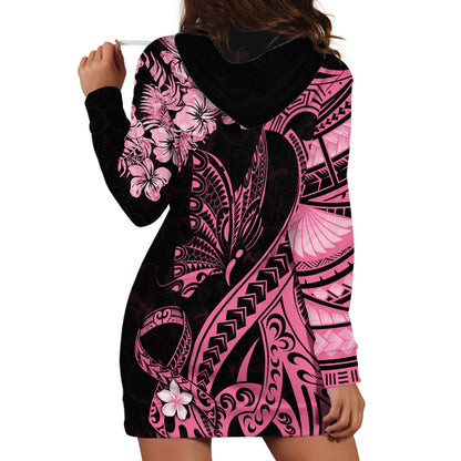 Polynesian Floral Butterfly Hoodie Dress Breast Cancer Support Pink Ribbon