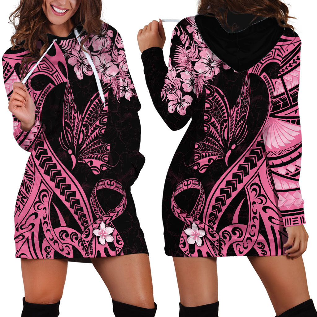 Polynesian Floral Butterfly Hoodie Dress Breast Cancer Support Pink Ribbon