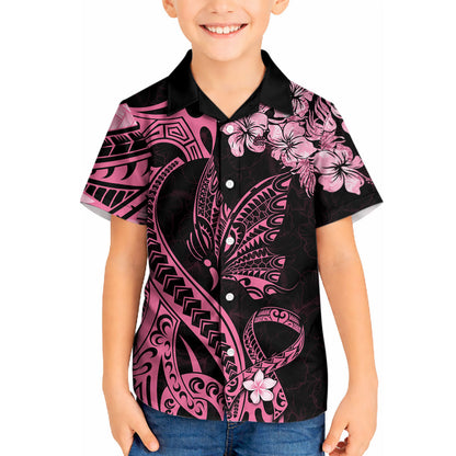 Polynesian Floral Butterfly Kid Hawaiian Shirt Breast Cancer Support Pink Ribbon