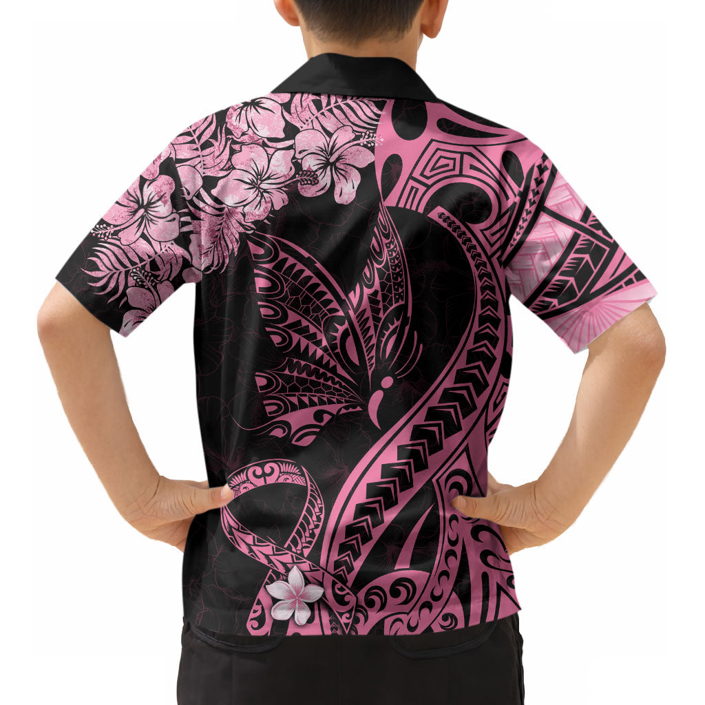 Polynesian Floral Butterfly Kid Hawaiian Shirt Breast Cancer Support Pink Ribbon