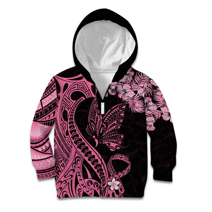 Polynesian Floral Butterfly Kid Hoodie Breast Cancer Support Pink Ribbon