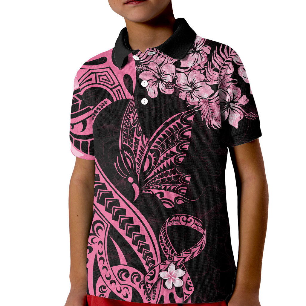 Polynesian Floral Butterfly Kid Polo Shirt Breast Cancer Support Pink Ribbon