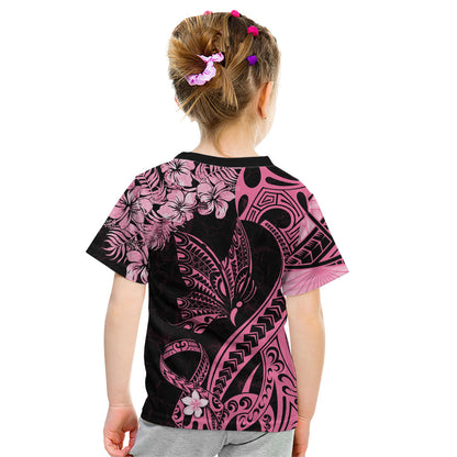 Polynesian Floral Butterfly Kid T Shirt Breast Cancer Support Pink Ribbon