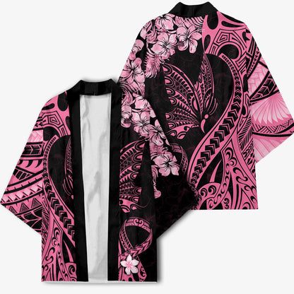 Polynesian Floral Butterfly Kimono Breast Cancer Support Pink Ribbon