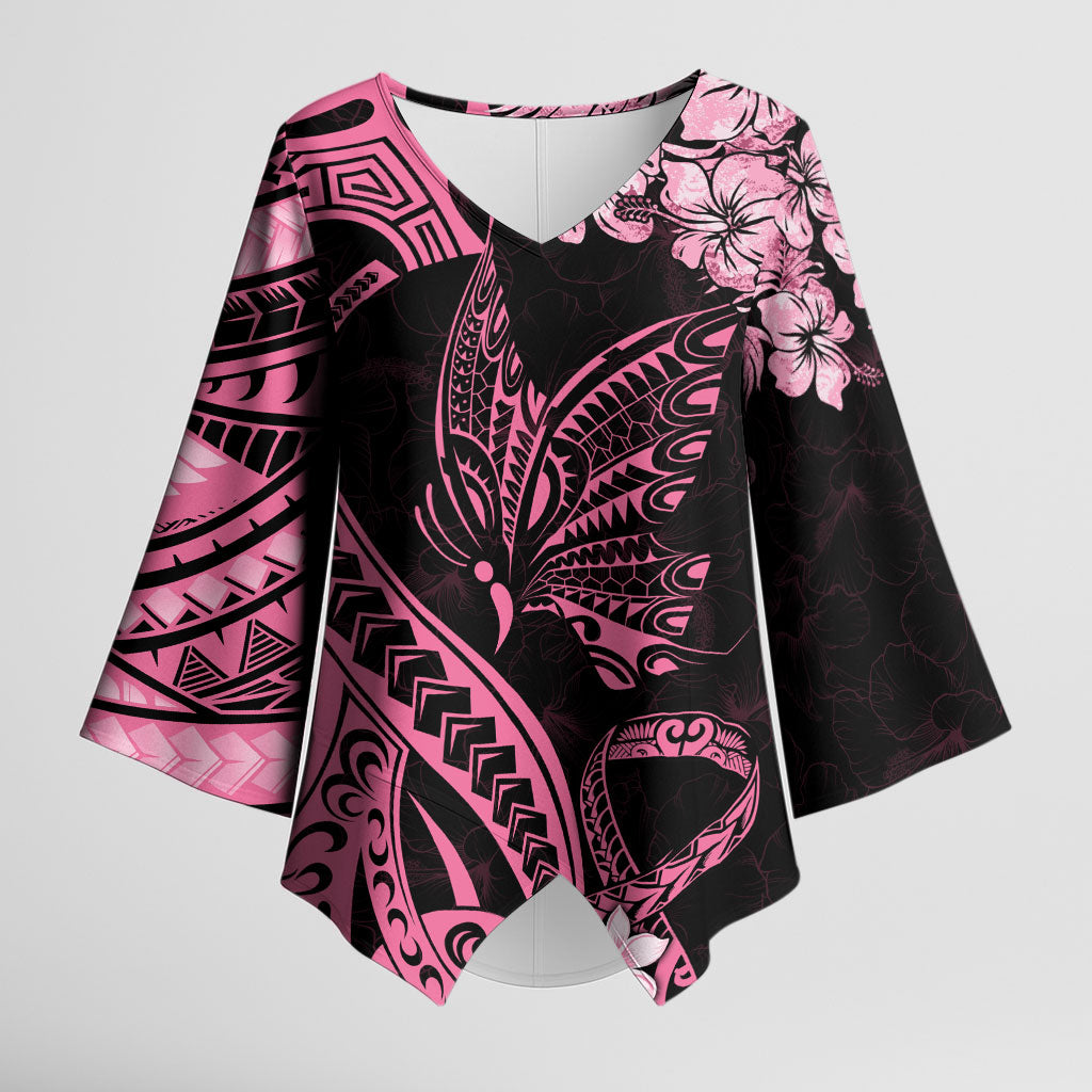 Polynesian Floral Butterfly Kimono Sleeve Blouse Breast Cancer Support Pink Ribbon