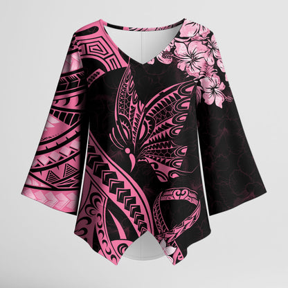 Polynesian Floral Butterfly Kimono Sleeve Blouse Breast Cancer Support Pink Ribbon