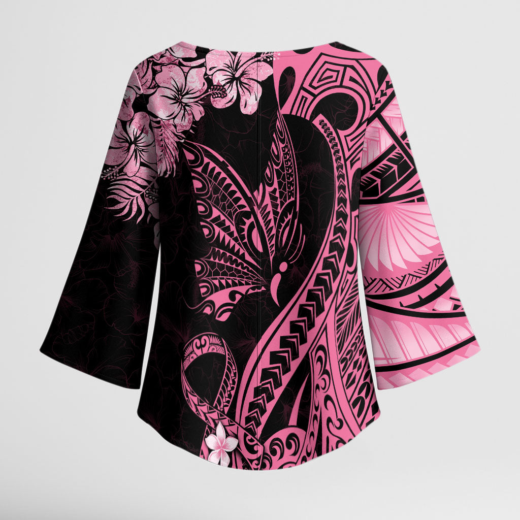 Polynesian Floral Butterfly Kimono Sleeve Blouse Breast Cancer Support Pink Ribbon