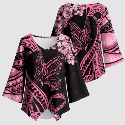Polynesian Floral Butterfly Kimono Sleeve Blouse Breast Cancer Support Pink Ribbon