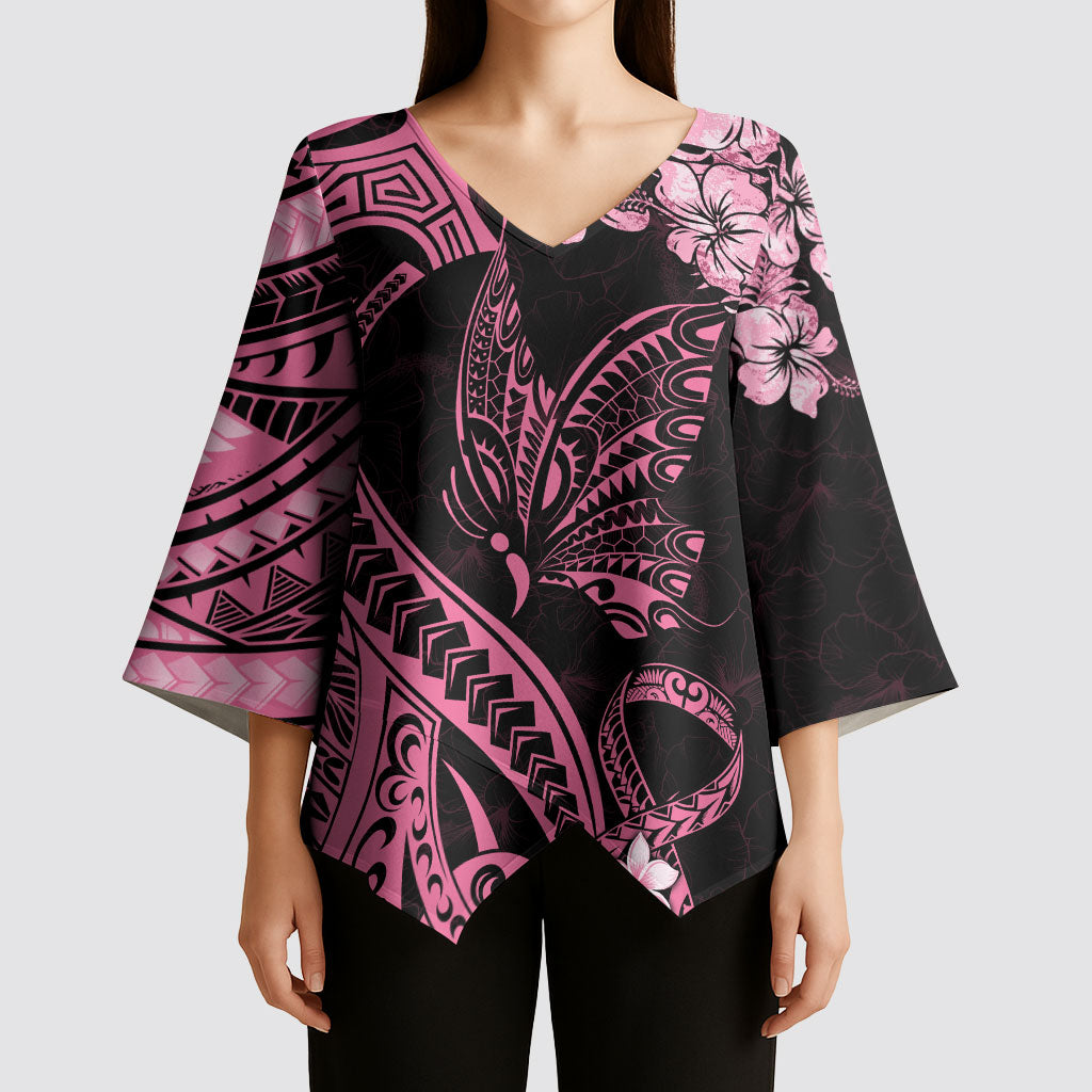 Polynesian Floral Butterfly Kimono Sleeve Blouse Breast Cancer Support Pink Ribbon