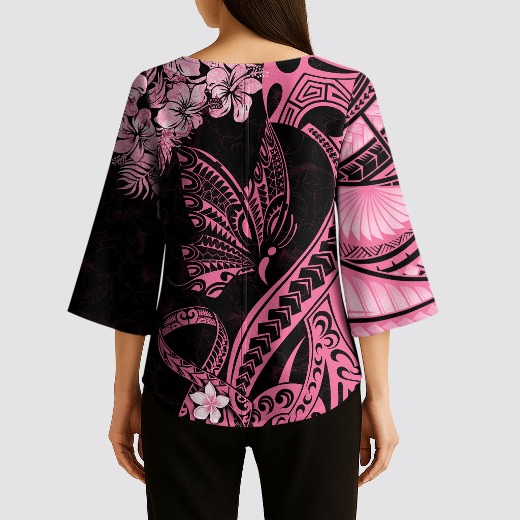 Polynesian Floral Butterfly Kimono Sleeve Blouse Breast Cancer Support Pink Ribbon