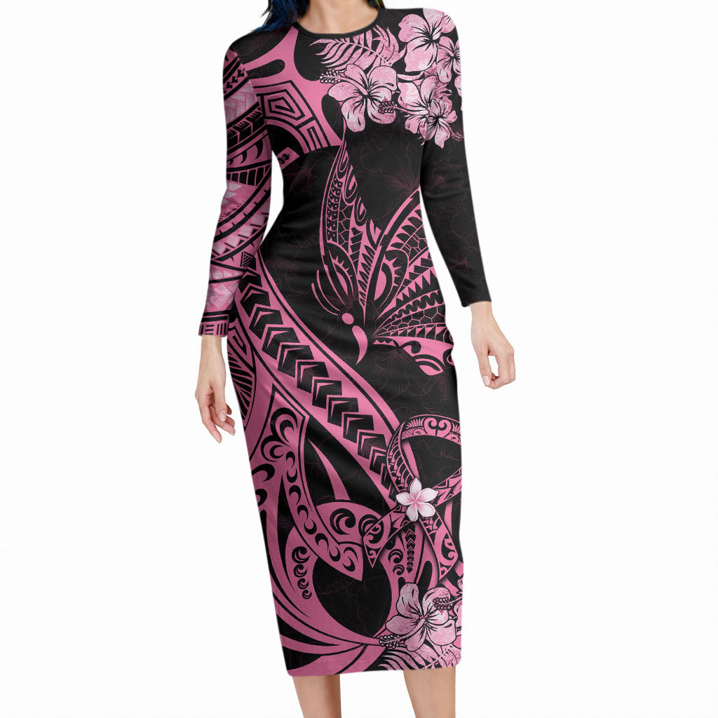 Polynesian Floral Butterfly Long Sleeve Bodycon Dress Breast Cancer Support Pink Ribbon