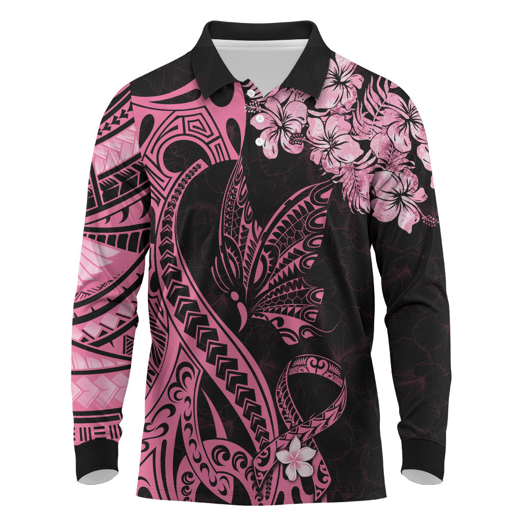 Polynesian Floral Butterfly Long Sleeve Polo Shirt Breast Cancer Support Pink Ribbon