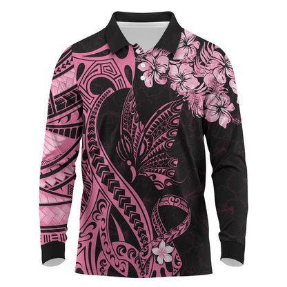 Polynesian Floral Butterfly Long Sleeve Polo Shirt Breast Cancer Support Pink Ribbon