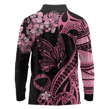 Polynesian Floral Butterfly Long Sleeve Polo Shirt Breast Cancer Support Pink Ribbon
