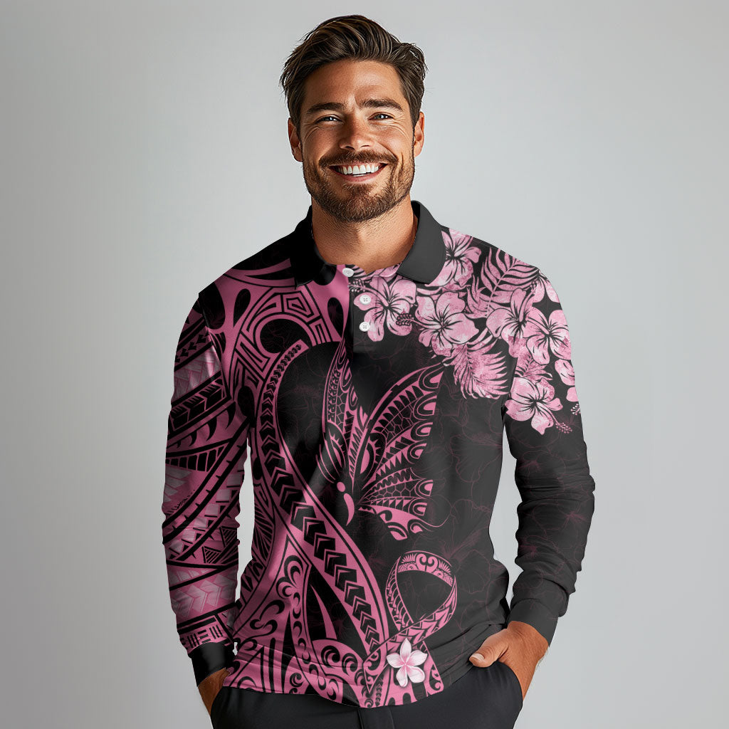 Polynesian Floral Butterfly Long Sleeve Polo Shirt Breast Cancer Support Pink Ribbon