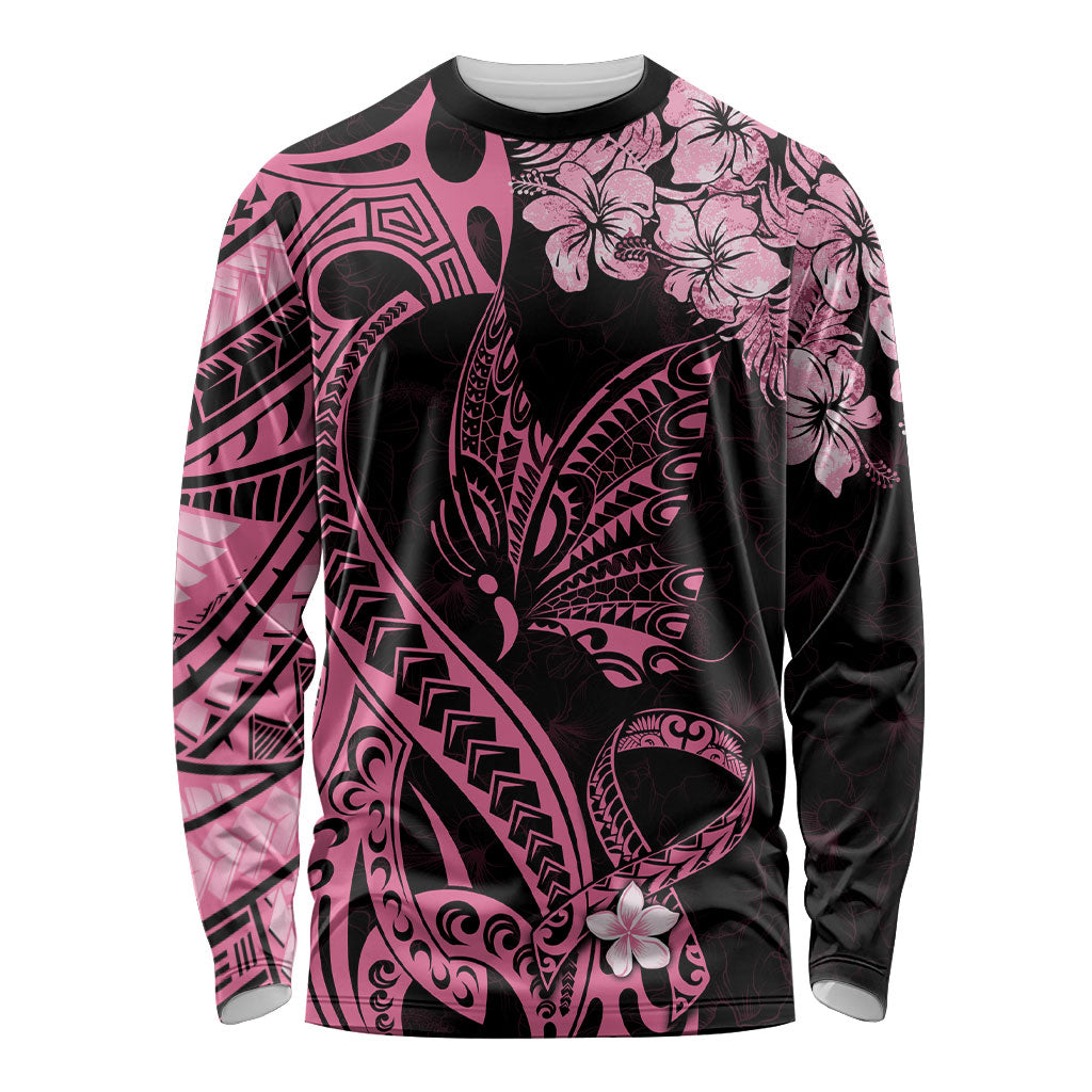 Polynesian Floral Butterfly Long Sleeve Shirt Breast Cancer Support Pink Ribbon