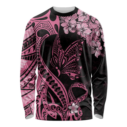 Polynesian Floral Butterfly Long Sleeve Shirt Breast Cancer Support Pink Ribbon
