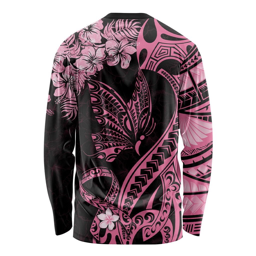 Polynesian Floral Butterfly Long Sleeve Shirt Breast Cancer Support Pink Ribbon