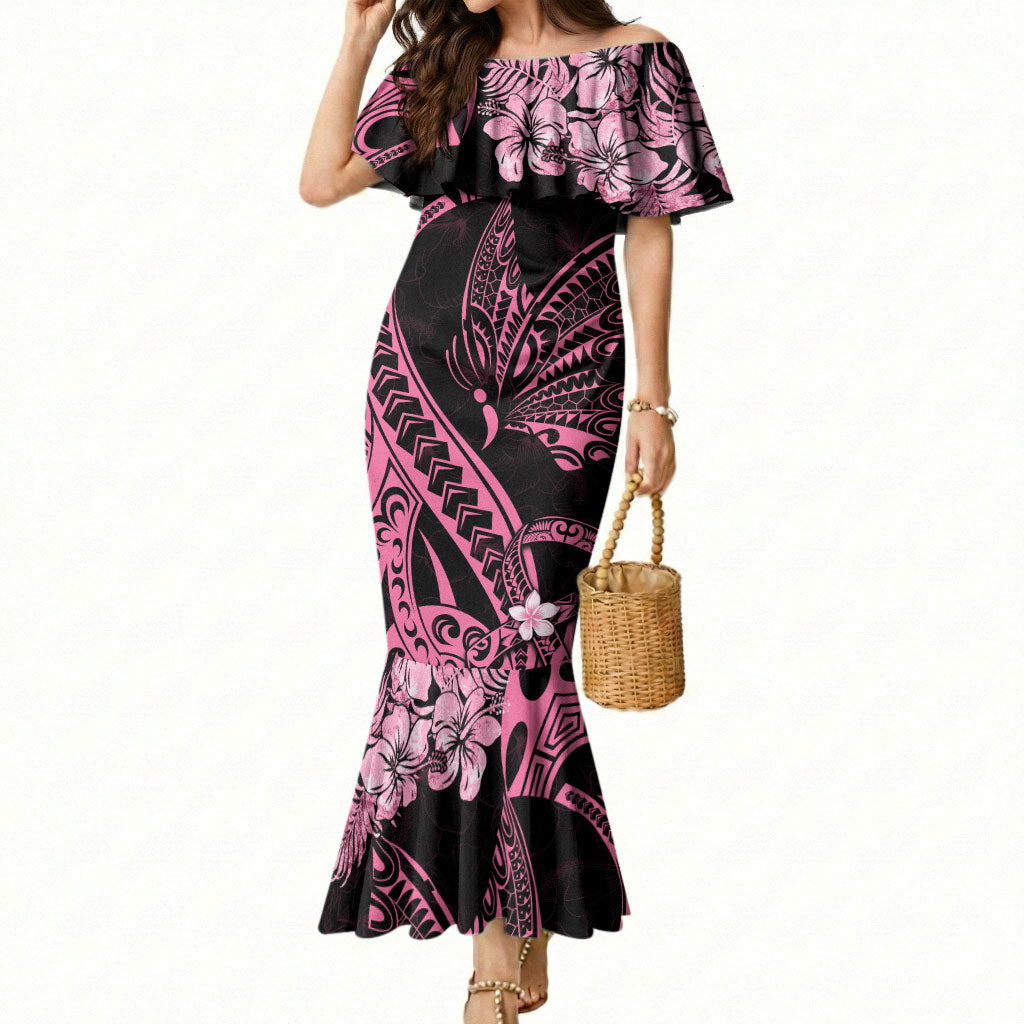 Polynesian Floral Butterfly Mermaid Dress Breast Cancer Support Pink Ribbon